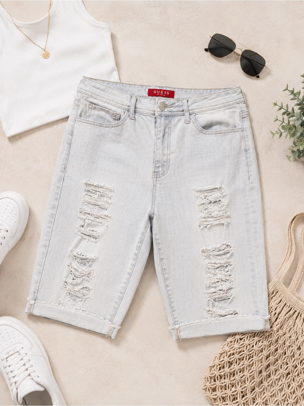 GUESS Womens 28 Distressed Light Wash Bermuda Denim Shorts High Rise Jorts - Picture 3 of 12